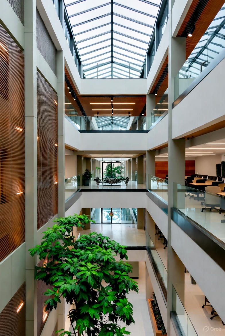 Et opdateret og stilfuldt interiør i et erhvervscenter med højt glasloft, naturligt lys, grønne planter og åbne etager med glasgelændere. Designet kombinerer beton, træ og glas med rene linjer, varm belysning og et mere kreativt præg, der skaber en inspirerende og professionel arbejdsatmosfære.